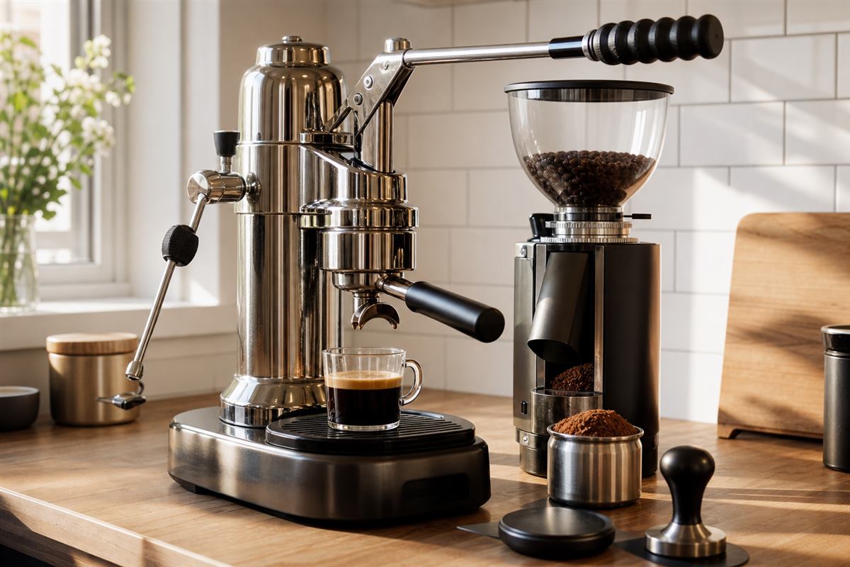 Espresso stream flowing into a glass cup during extraction