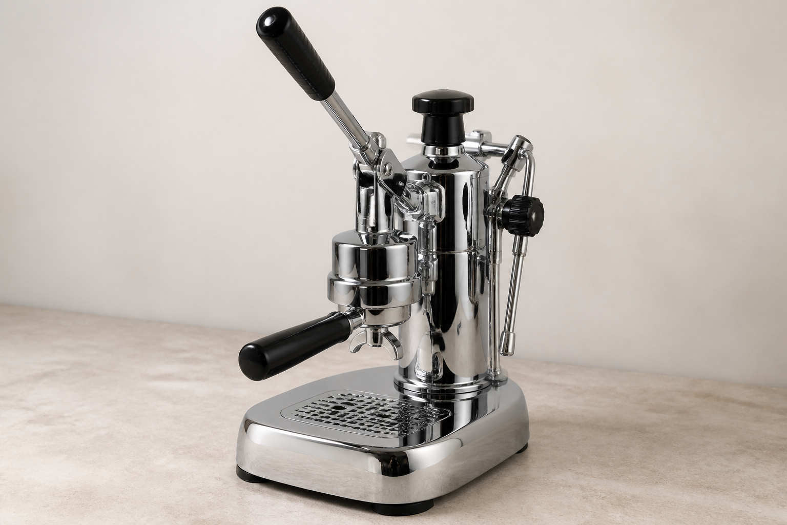 Chrome direct lever espresso machine on a stone counter, ready for a manual pull