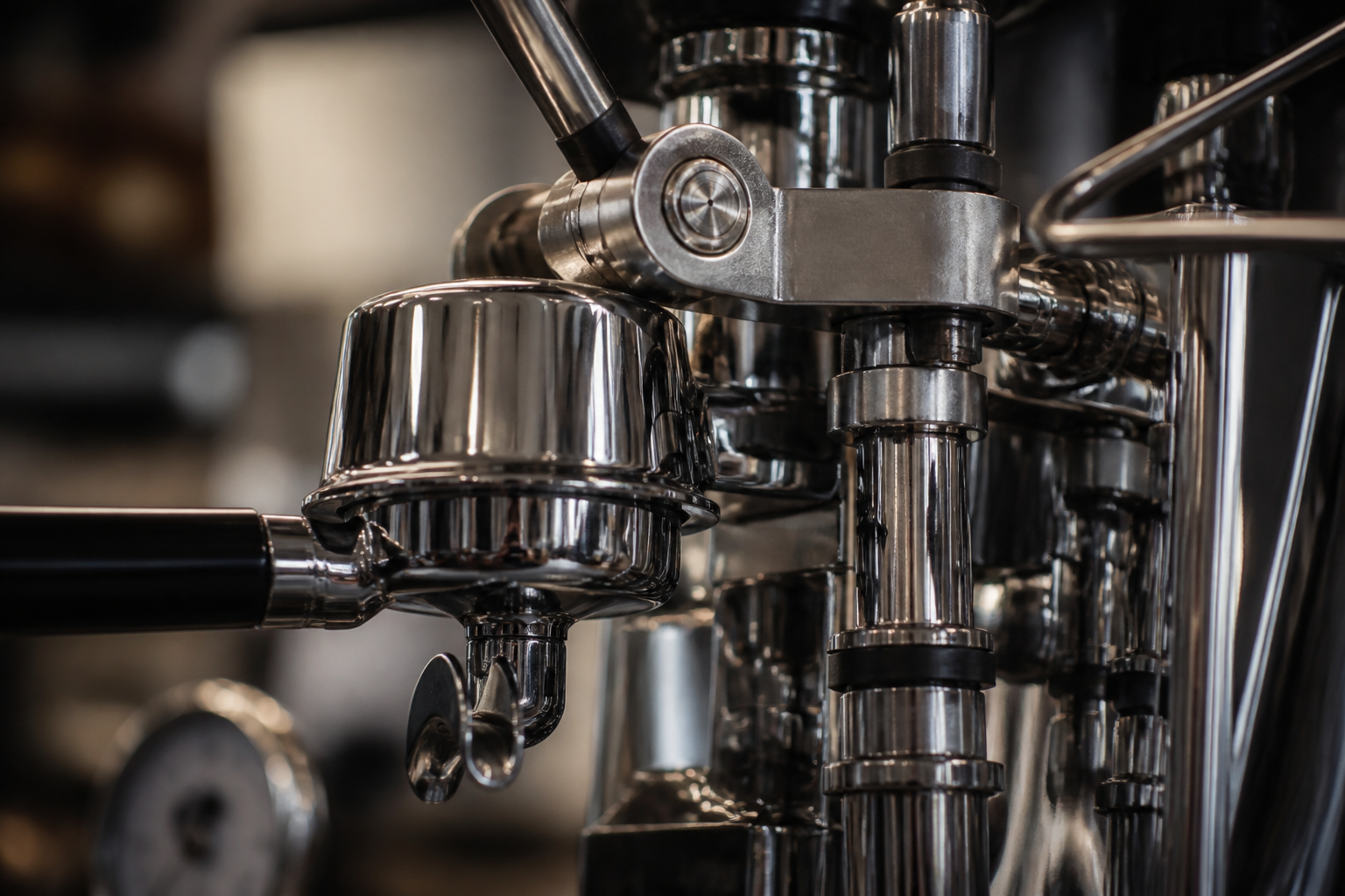Close-up of espresso grouphead, piston hardware, and lever fulcrum