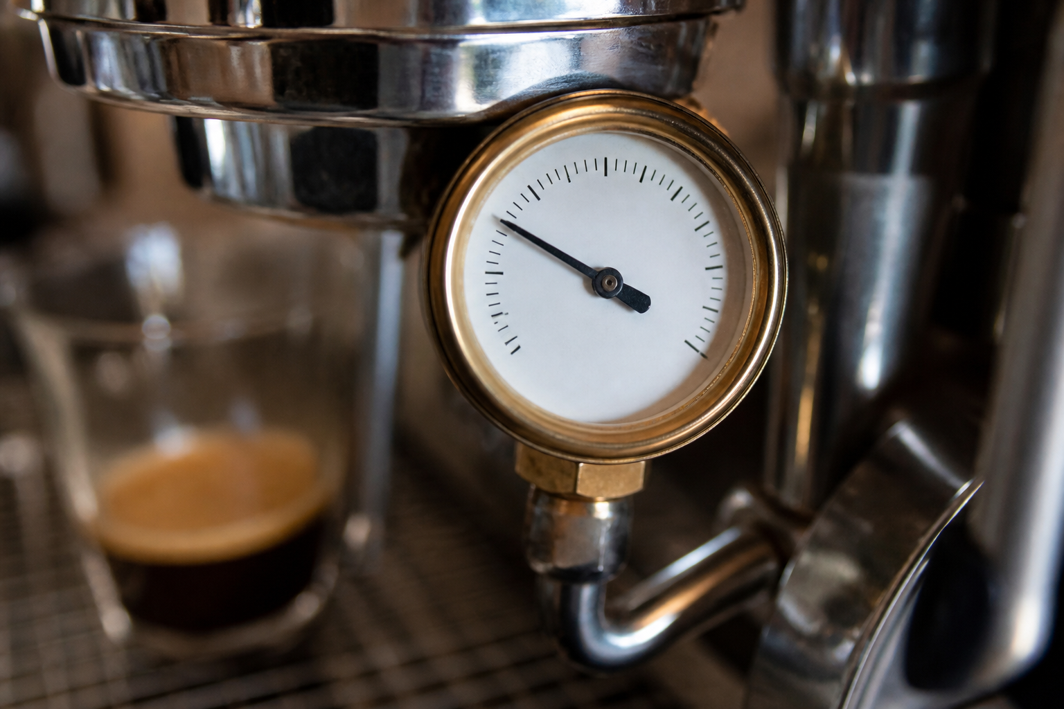 Close-up of an analog brew pressure gauge during espresso extraction
